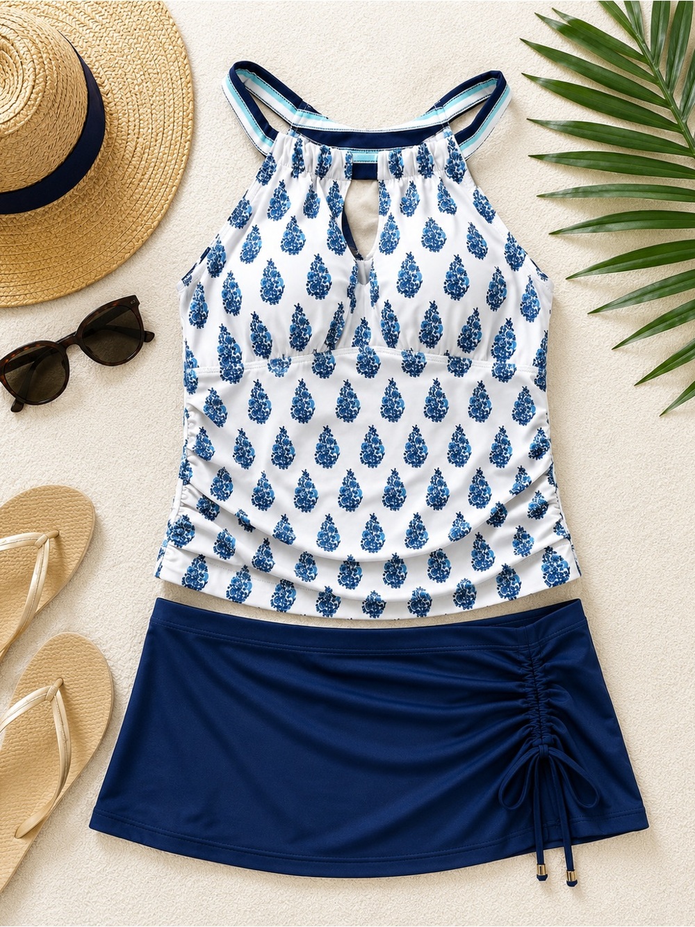 Cabana Life Tankini Top M Blue White Ruched Swimwear Coastal Resort Cruise Wear
